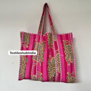 Sac à main indien en coton matelassé imprimé tigre rose fait main, sac à main pour femme, sac à main fourre-tout pour fille, sacs à bandoulière en coton à la mode pour la mariée