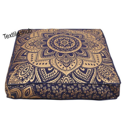New Blue Gold Ombre Mandala Indian Floor Cushion Cover Square