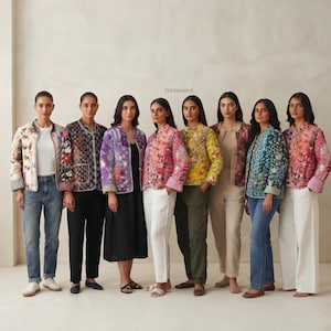 May include: Eight individuals stand in a row wearing various quilted jackets with diverse floral and geometric patterns in colors including pink, yellow, purple, and teal, paired with jeans, trousers, and dresses. The text TEXTILESHUB is visible.
