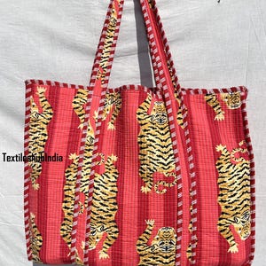 Sac à main indien fait main en coton matelassé imprimé tigre rouge, sac à main pour femme, sac à main fourre-tout pour fille, sacs à bandoulière en coton à la mode pour la mariée