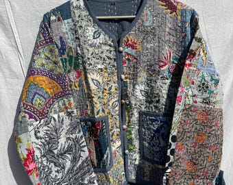 Indian Handmade Quilted Jacket: Patchwork Cotton Women's Coat.