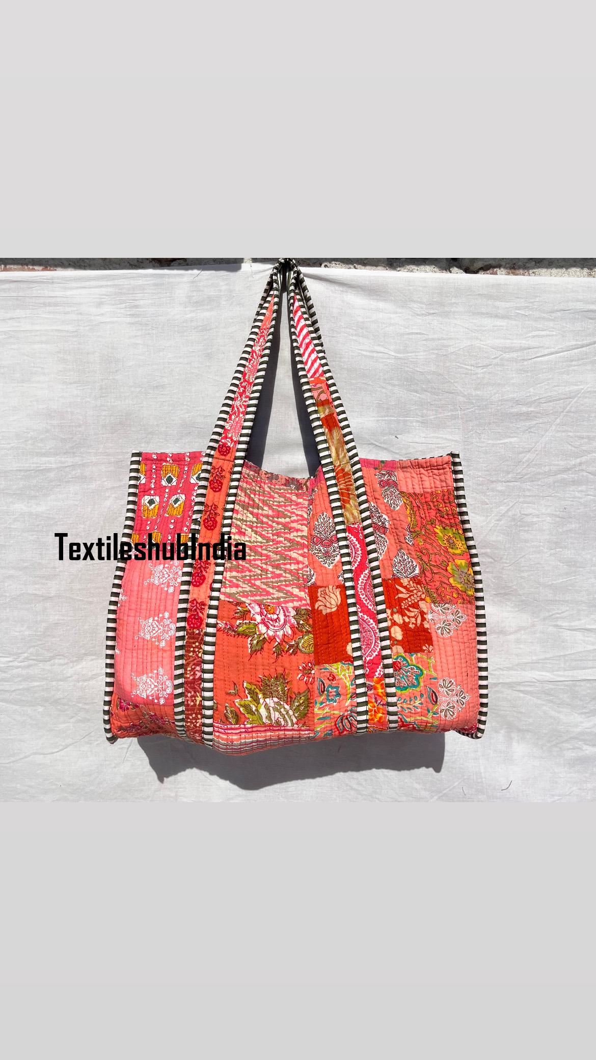 Sac Fourre-tout Matelassé Patchwork Gris Indien - Taille Medium, Bandoulière, Coton, Fait Main - Neuf Avec étiquettes