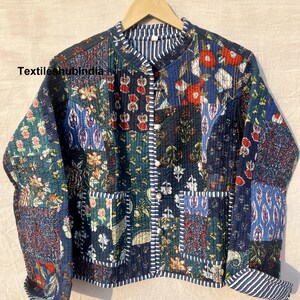Indian Blue Patchwork Fluffy Quilted Jacket Cotton Jacket Women Clothing Jacket All Season Ideal Gift for Fashion Christmas Anniversary US