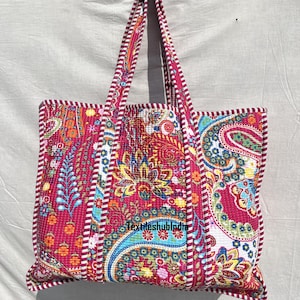 Sac à main indien fait main en coton matelassé rose à imprimé cachemire, sac à main pour femme, sac à main fourre-tout pour fille, sacs à bandoulière en coton à la mode pour la mariée