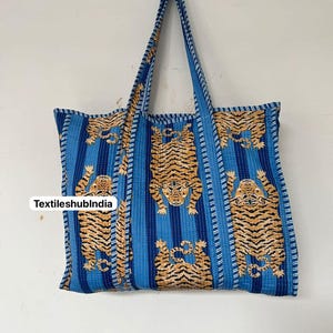 Indische Handarbeit Blau Tiger Gedruckt Baumwolle Gesteppte Handtasche Damen Geldbörse, Tote Geldbörse Mädchen Handtasche Modische Braut Schulter Baumwolltaschen US