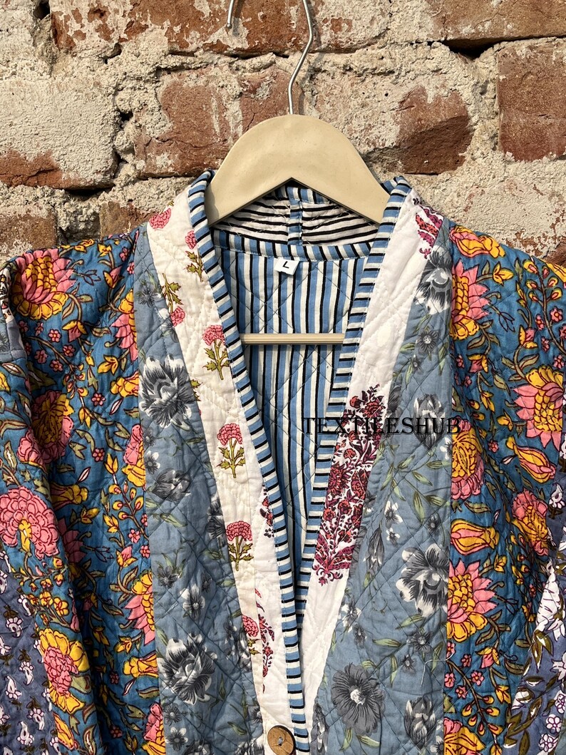 Blue Jacket Patchwork Blue Patchwork Print Quilted Cotton Jacket: Bohemian Floral Boho Coat ...