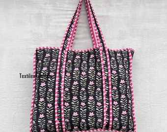 Borsa tote in cotone trapuntato con motivo floreale nero fatta a mano: stampa indiana a blocchi