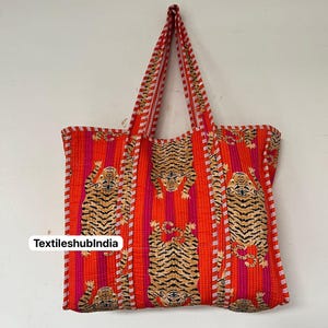 Indische handgemachte orange Tiger gedruckt Baumwolle gesteppte Handtasche Damen Geldbörse, Tote Geldbörse Mädchen Handtasche Modische Braut Schulter Baumwolltaschen
