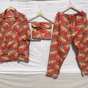 Luxury Red Tiger Printed Indian Cotton Pure High Quality Cotton Floral Pyjama Set-Summer Geometric Twirl PJ Sets, Night Dress, Bridal Sets