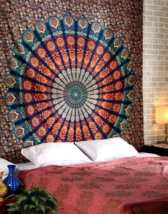 Tie Dye Big Indian Elephant print cotton double bedspread wall hanging hippy