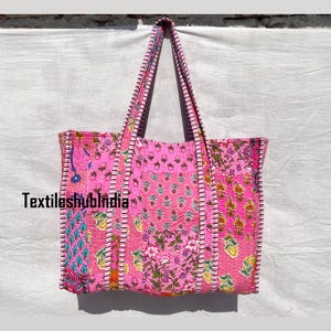 Sac à main indien matelassé en coton rose fait à la main pour femme, sac à main fourre-tout pour fille, sacs à main en coton à la mode pour la mariée