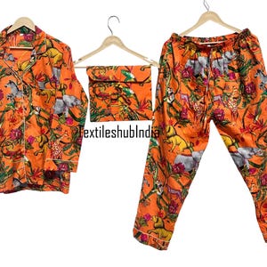 Luxury Orange Tiger Print Indian Cotton Pure High Quality Cotton Floral Pyjama Set-Summer Geometric Twirl PJ Sets, Night Dress, Bridal Sets