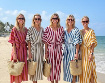Boho gestreepte katoenen kaftan maxi-jurk, strandkleed