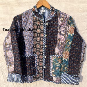 Indian Blue Patchwork Fluffy Quilted Jacket Cotton Jacket Women&#39;s Clothing Jacket All Season Ideal Gift for Fashion Christmas Anniversary US