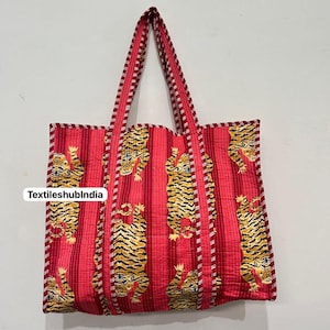 Indische handgemachte rote Tiger gedruckt Baumwolle gesteppte Handtasche Damen Geldbörse, Tote Geldbörse Mädchen Handtasche modische Braut Schulter Baumwolltaschen US