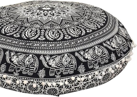 82 Cm Black & White Elephant Mandala Floor Pillow Meditation Round Cushion Cover 