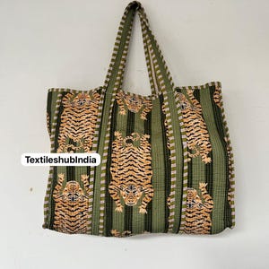 Indische handgemachte grüne Tiger gedruckt Baumwolle gesteppte Handtasche Damen Geldbörse, Tote Geldbörse Mädchen Handtasche modische Braut Schulter Baumwolltasche US