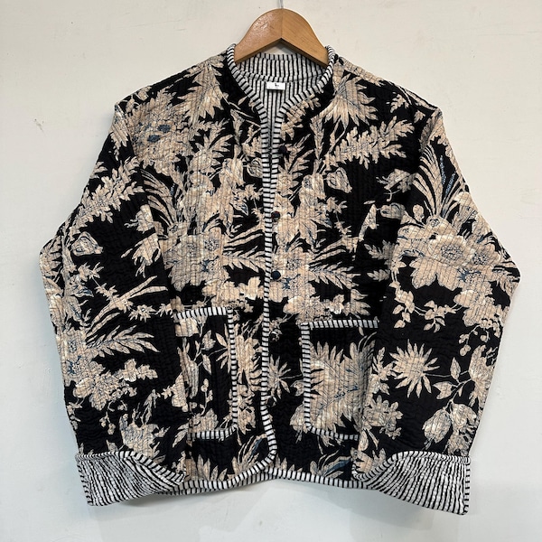 Floral Quilted Cotton Jacket: Indian Handmade Women's Fashion