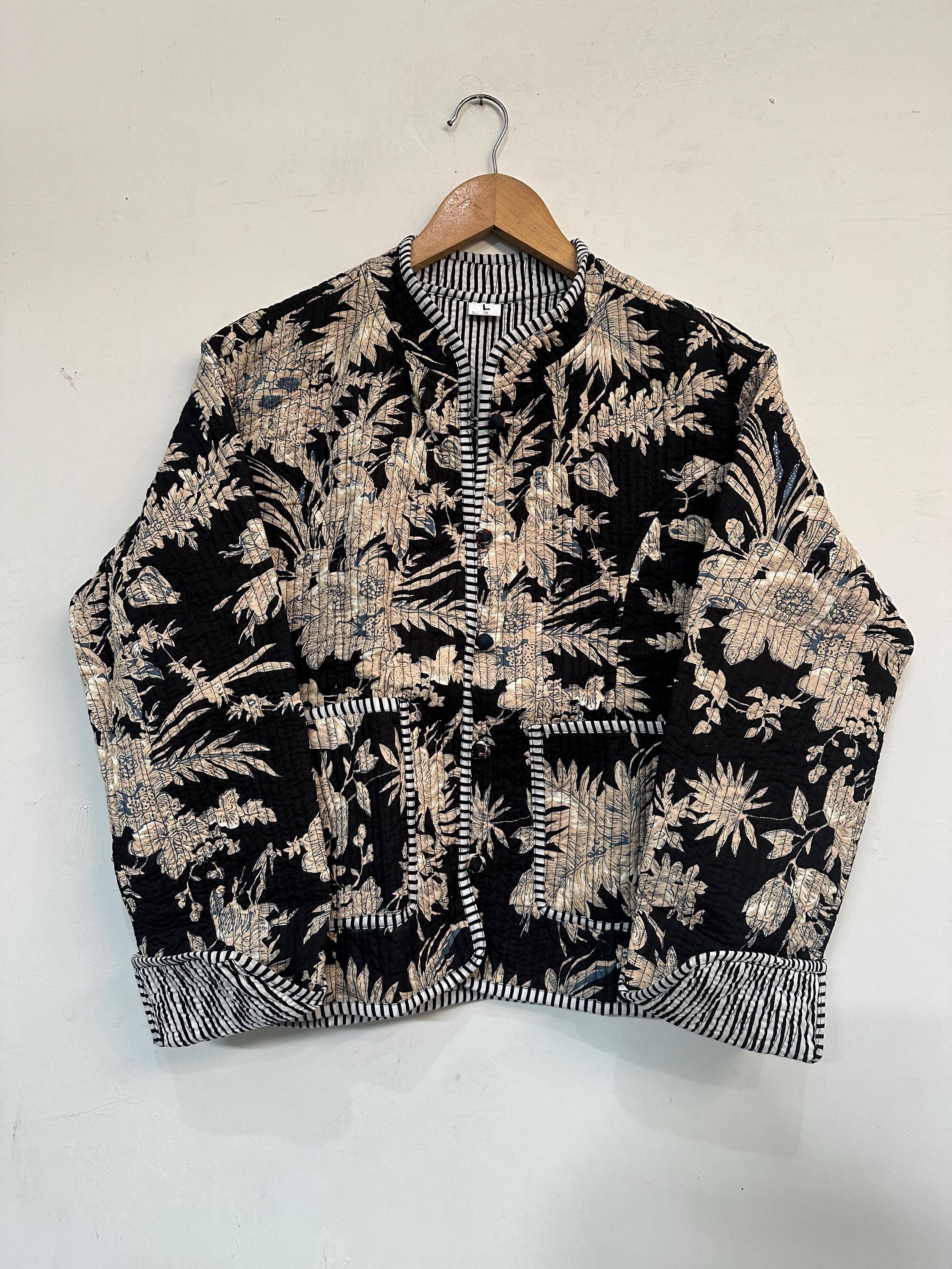 Indian Black Floral Handmade Quilted Jacket Cotton Jacket Women's Clothing Jacket All Season,Ideal Gift for Fashion Christmas Anniversary US