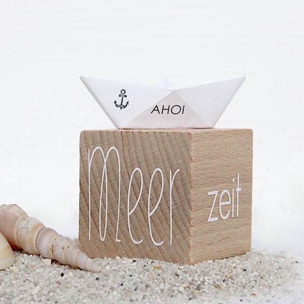 mehr MEERzeit, maritime Holz Deko mit Papierschiffchen, Ahoi Origami Schiff mit Anker auf Holzwürfel