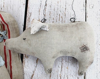 shabby SCHWEIN,  vintage Leinen Schweinchen, Küchen Deko Figur, Fensterdekoration