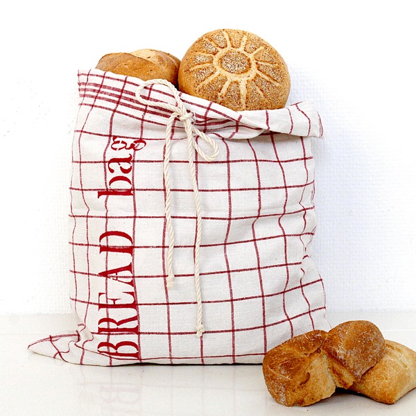 Brotbeutel BREAD bag, antikes Leinen,  handbedruckter Brotsack, vintage Brötchen Leinenbeutel, Küchenkaro