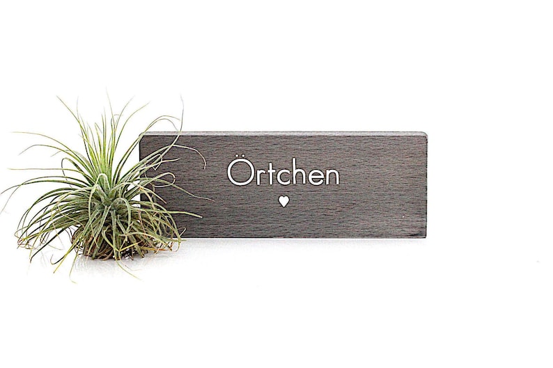 K&ouml;nnte beinhalten: Ein graues Holzschild mit dem Wort "&Ouml;rtchen" in wei&szlig;er, stilisierter Schrift und einem kleinen Herzsymbol. Links vom Schild befindet sich eine gr&uuml;ne Luftpflanze. Das Schild ist ein dekorativer Gegenstand.