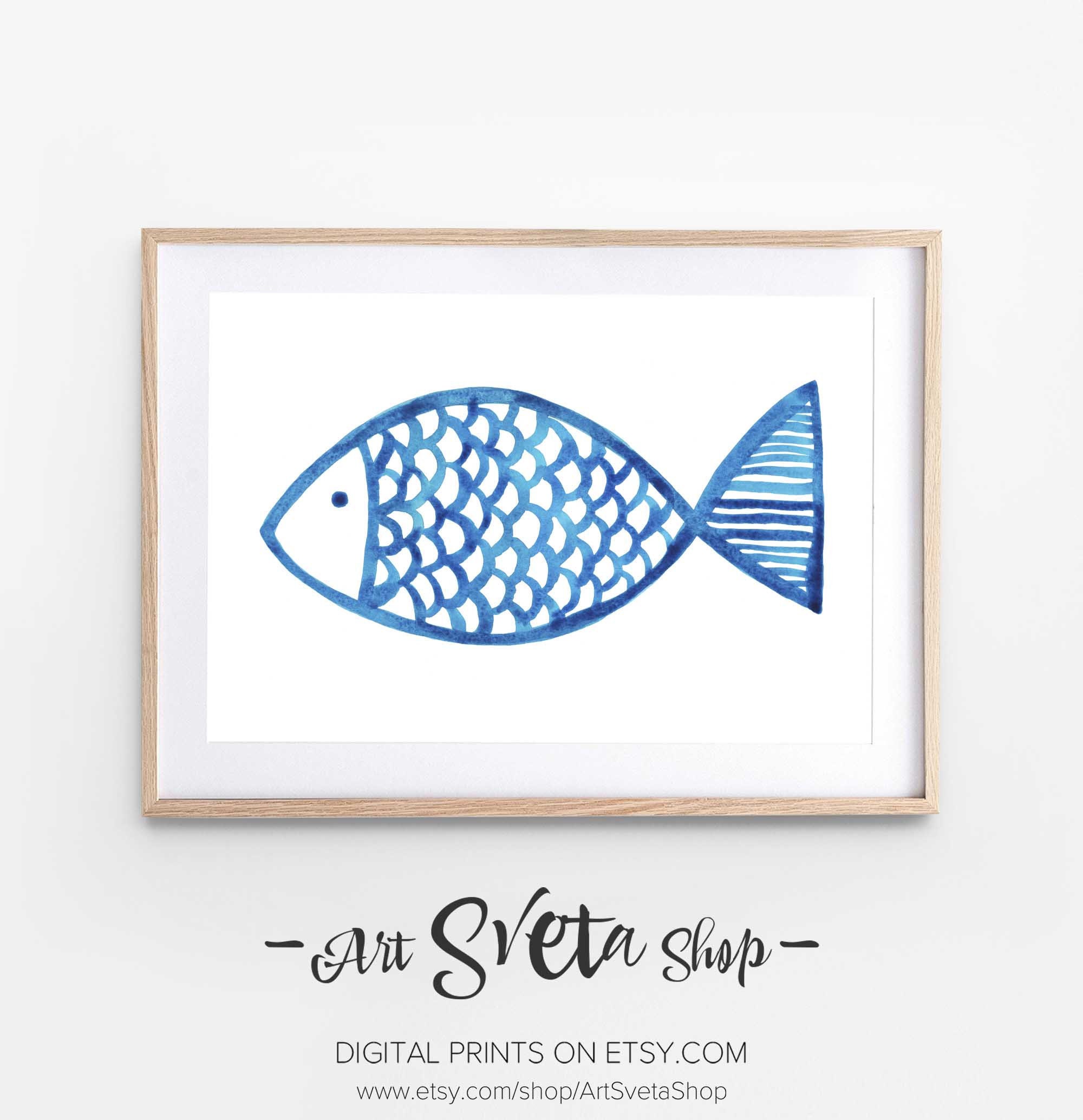 Fish Print. Bathroom Wall Art. Minimal Wall Art Decor. Blue | Etsy