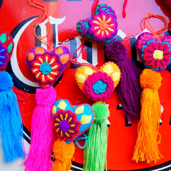 Colorful Heart Tassels | Heart Pom Pom | Mexican Hearts | Mexican Valentine's Day Gift | Corazon Tassel | Heart Charm