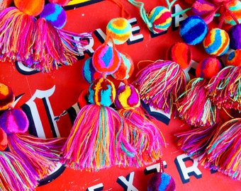Tie Dye Tassel | Bright + Colorful Pom Poms | Beach Bag Swag | Tassel for Baskets + Bags | Tassel + Pom Pom | Mexican Fiesta Decorations