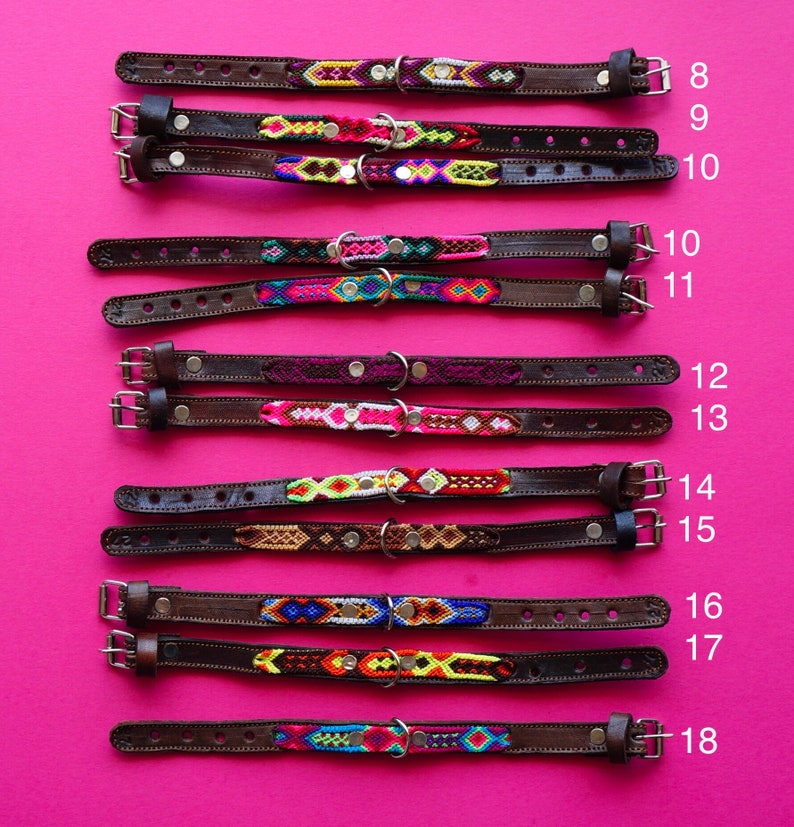 May include: Eight colourful woven dog collars with leather straps and silver buckles. The collars are numbered 8 through 18.