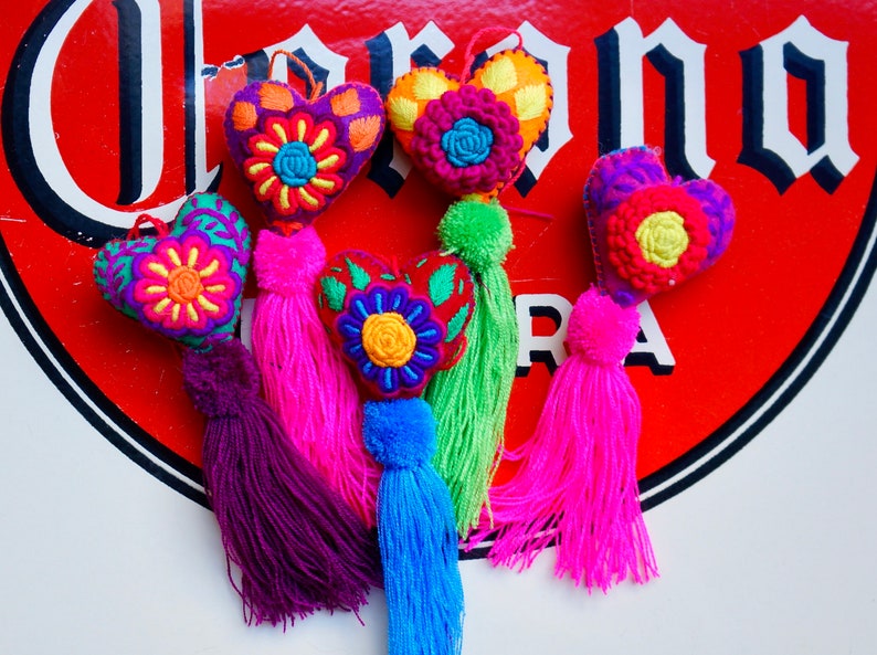 Colorful Heart Tassels Heart Pom Pom Mexican Hearts Mexican Valentine's Day Gift Corazon Tassel Heart Charm image 2