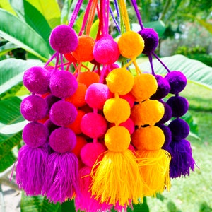 Bright + Colorful Pom Poms | Beach Bag Swag | Tassel for Baskets + Bags | Tassel + Pom Pom  Decoration | Mexican Fiesta Decorations