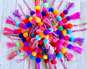 Colorful Pom Pom Tassels | Bag Swag | Handmade Colorful Tassel for Baskets + Bags | Tassel Decoration | Bag Charm | Beach Bag Tassel