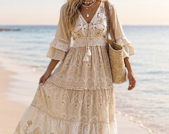 Boho Embroidered Maxi Dress, Beige Cotton Coastal Luxury Dress