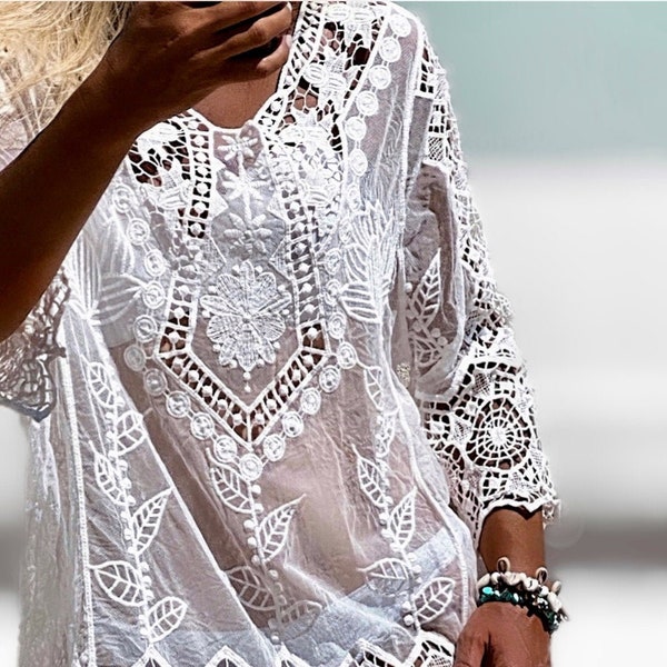 ADAH - Boho Lace Top, Bohemian Sheer Lace Kaftan, Delicate Pure White and Natural Ibiza Swim Cover, Adlib Fashion