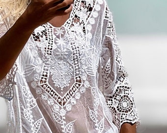 ADAH - Boho Lace Top, Bohemian Sheer Lace Kaftan, Delicate Pure White and Natural Ibiza Swim Cover, Adlib Fashion