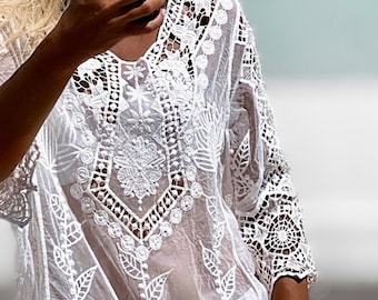 ADAH - Boho Lace Top, Bohemian Sheer Lace Kaftan, Delicate Pure White and Natural Ibiza Swim Cover, Adlib Fashion