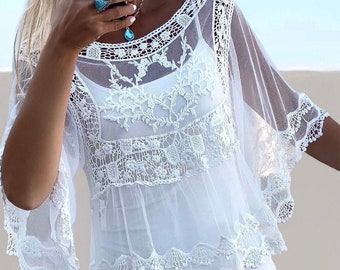 Haut bohème en dentelle blanche, caftan bohème en dentelle transparente, mode Adlib Ibiza