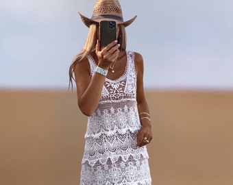 Crochet White Dress, Boho Beachy Dress, Summer Clothing