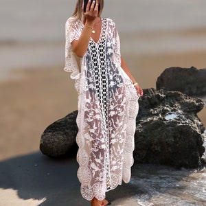 Lace Kimono, Boho Embroidered Tunic, White Swim Cover Up, Women Clothing,