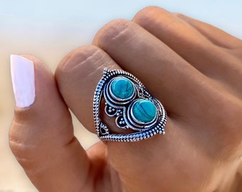 Bague en argent turquoise, bague bohème réglable, cadeaux pour femme