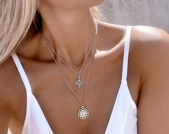 Mandala Silber Halskette, Double Layer Boho Halskette, handgemachter Schmuck, beste Geschenke für Sie