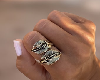 Gold Boho Ring, Leaves Ring, Adjustable Rings, Stackable Rings