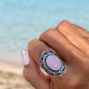 Pink Quartz Silver Ring, Adjustable Boho Ring, Handmade Jewelry, Gifts for Woman