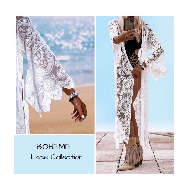 Kimono en dentelle, peignoir brodé bohème, vêtements pour femmes