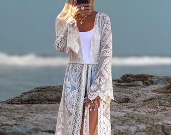 Kimono de encaje, túnica bordada Boho, ropa de mujer