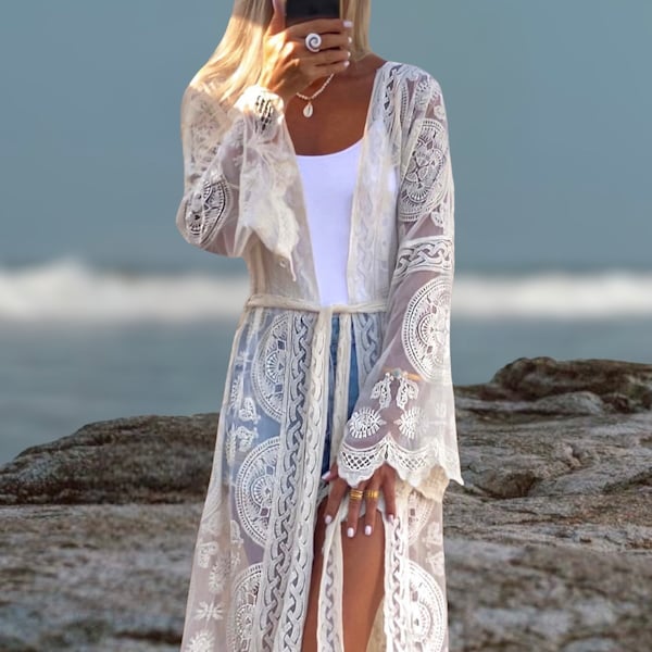 Quimono de renda, robe bordado estilo boho