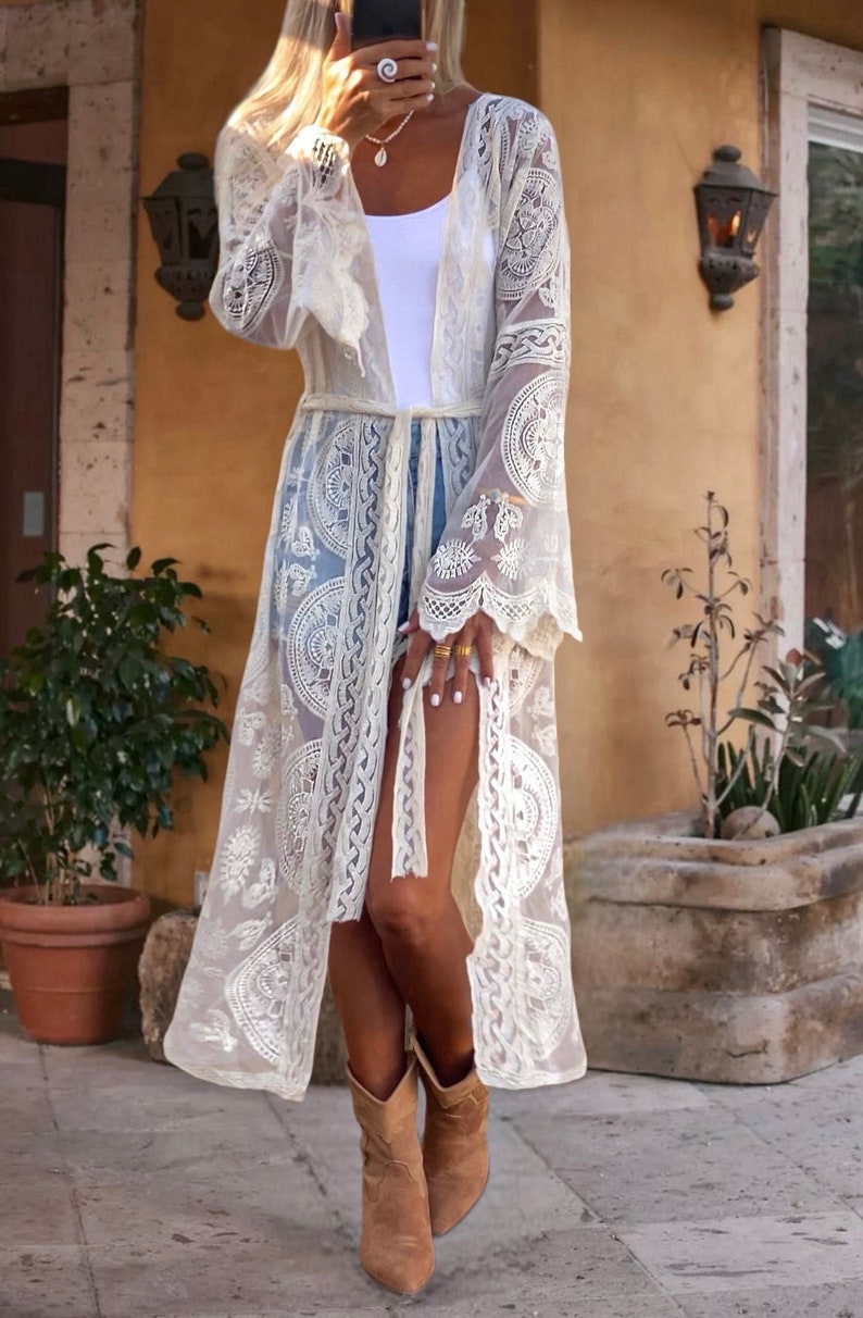 Kimono de encaje, tunique bordée de bohème, ropa de mujer image 4