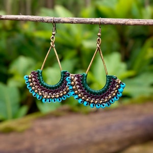 Turquoise Macrame Earrings: Boho Hippie Chic Brass Jewelry